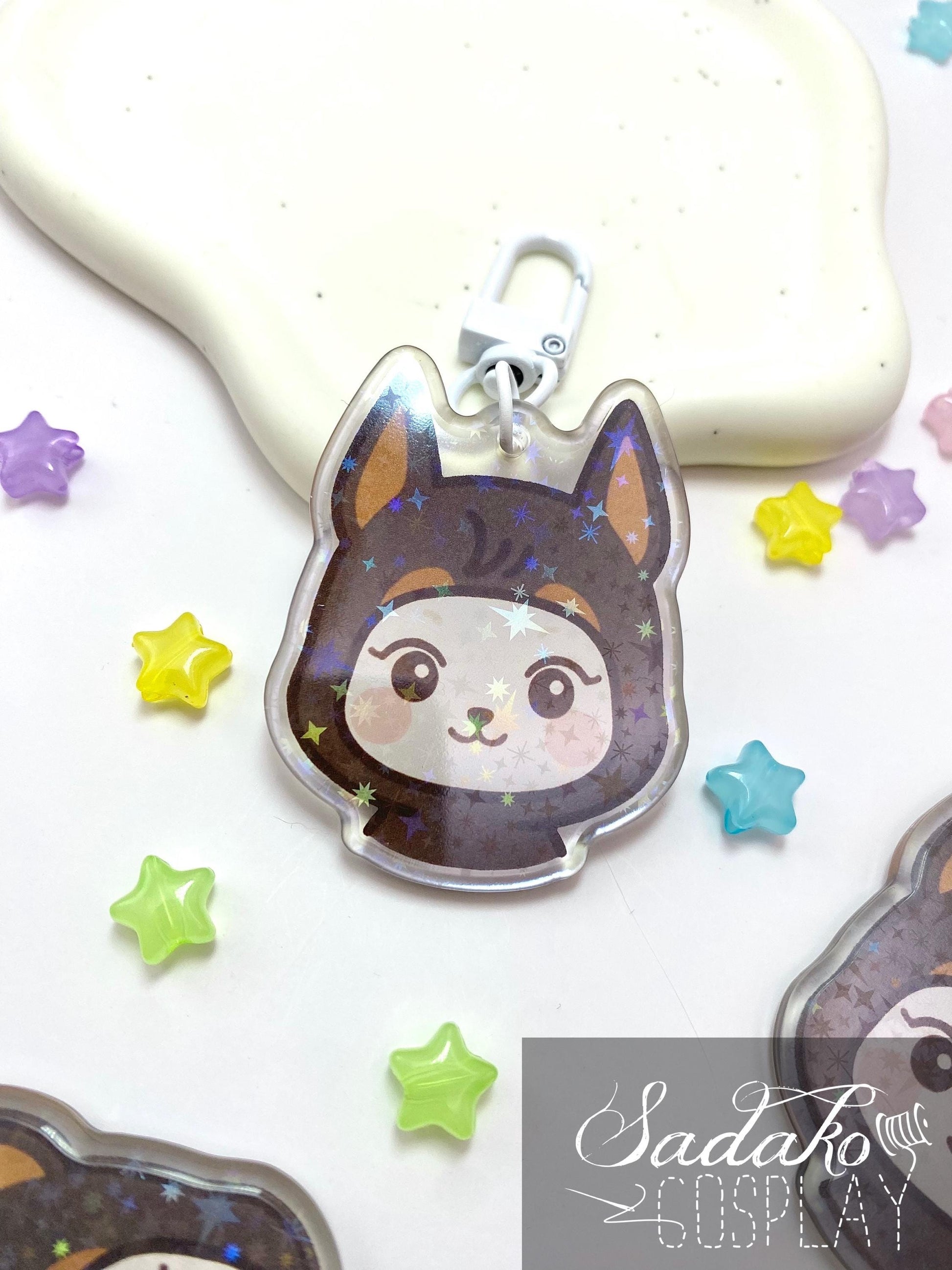 Doberman Hetmongi Acryl Keychain mit holographischen Glitzer Sternen, ATEEZ Yeosang acrylic Anhänger