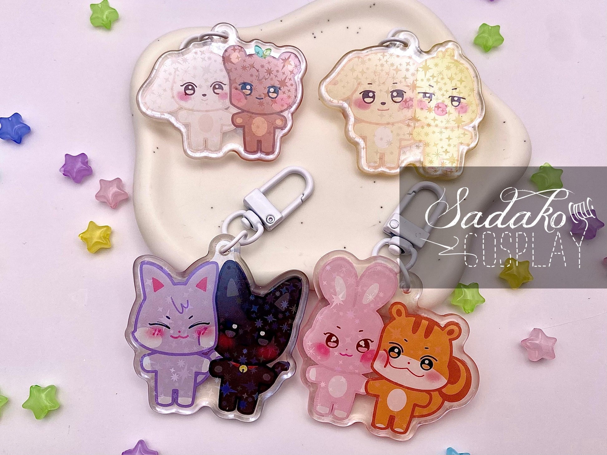 Aniteez Couple Acryl Keychain mit holographischen Glitzer Sternen, ATEEZ acrylic Anhänger, Seongjoong, Yungi, WooSan, JongSang
