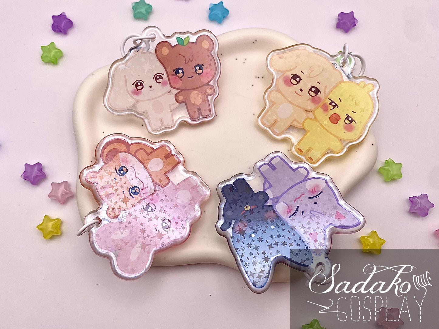 Aniteez Couple Acryl Keychain mit holographischen Glitzer Sternen, ATEEZ acrylic Anhänger, Seongjoong, Yungi, WooSan, JongSang