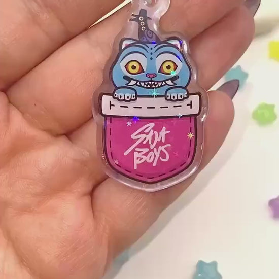 Derpy Tiger & Sussie in a Pocket Acryl Keychain mit holographischen Glitzer Sternen, K-Pop Demon Hunters acrylic Anhänger