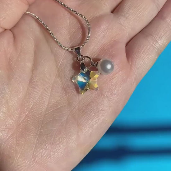 Shinestar Stern Halskette, inspiriert von Ateez Park Seonghwa, irisierender Stern-Charm mit Silber Edelstahl Kette und Kunstperle