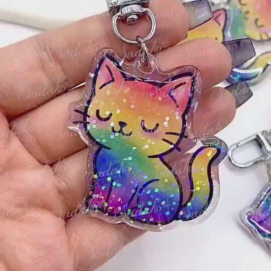 Pride Kätzchen Acryl Glitzer Keychain, Schlüssel Anhänger, epoxy holo glitter, LGBTQ Katze
