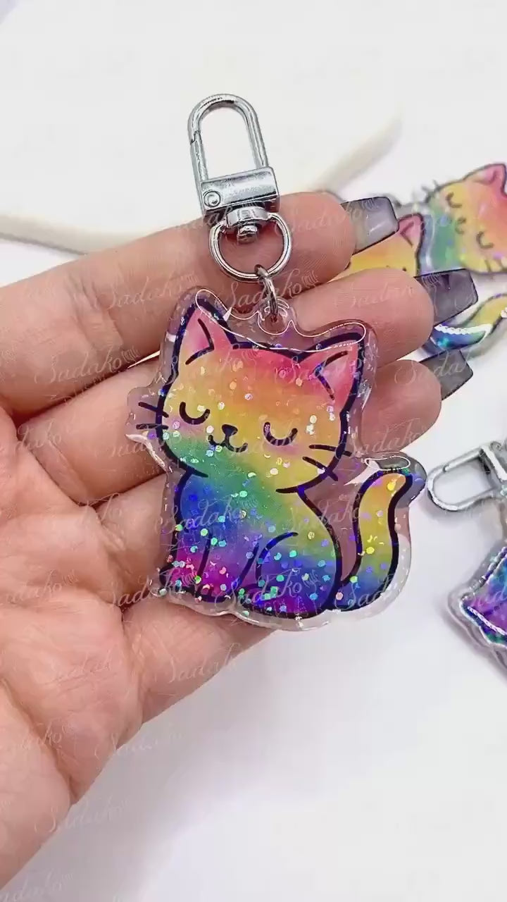 Pride Kätzchen Acryl Glitzer Keychain, Schlüssel Anhänger, epoxy holo glitter, LGBTQ Katze